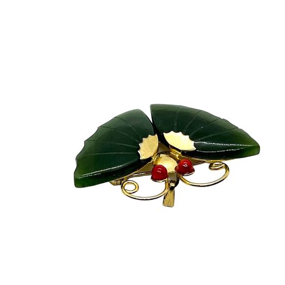 Butterfly Brooch Pin Coral Eyes 1960s Vintage Nephrite Jade Retro Gold Tone - Picture 3 of 15